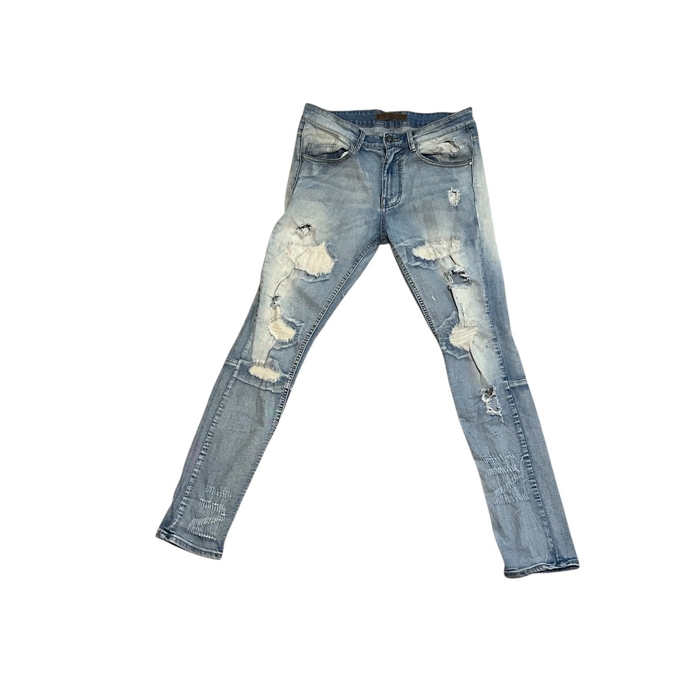 KDNK Mens Distressed Skinny Moto Jeans Light Wash Ripped Repair 32 1141411